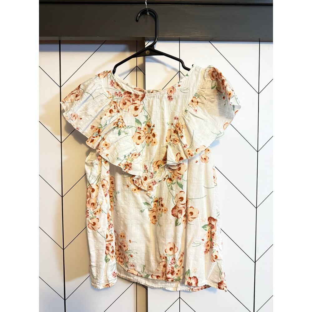 ANA Womens Large White Peach Floral Ruffle Key hole Cotton Blend Shirt Cottage